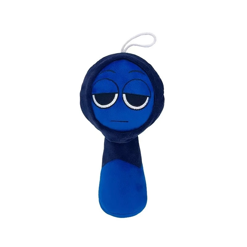A dark blue collectible plush toy set with a round head and a cylindrical body.