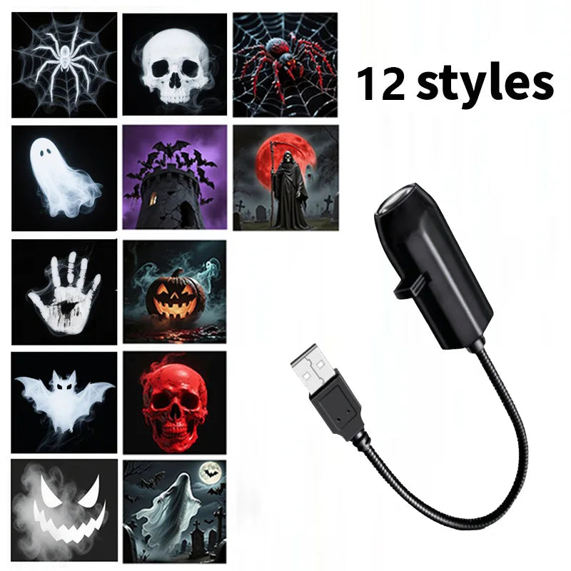 A set of 12 Halloween style ghost and skull projectors with black cords.
