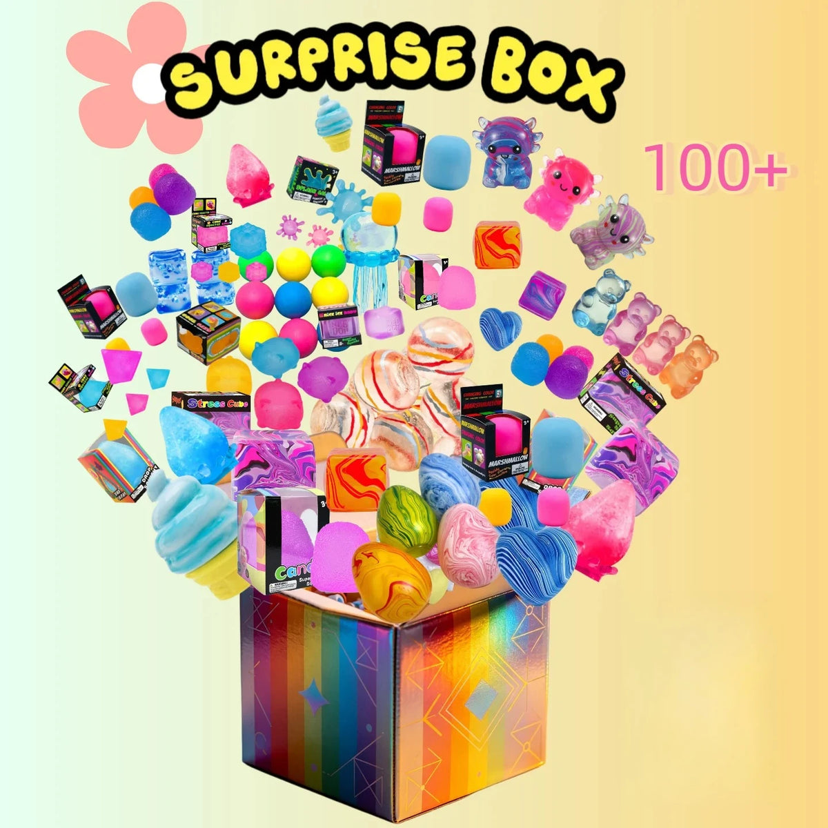 A colorful surprise box overflowing with various squishy stress relief toys and mystery items.