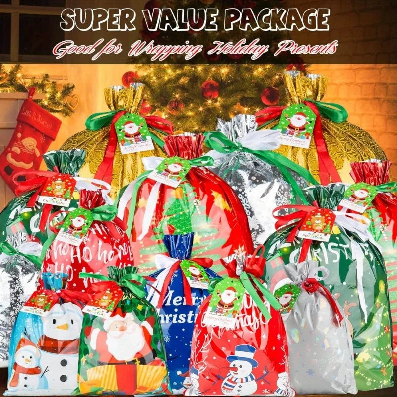 A collection of Christmas drawstring gift bags in various colors and patterns for wrapping holiday presents.