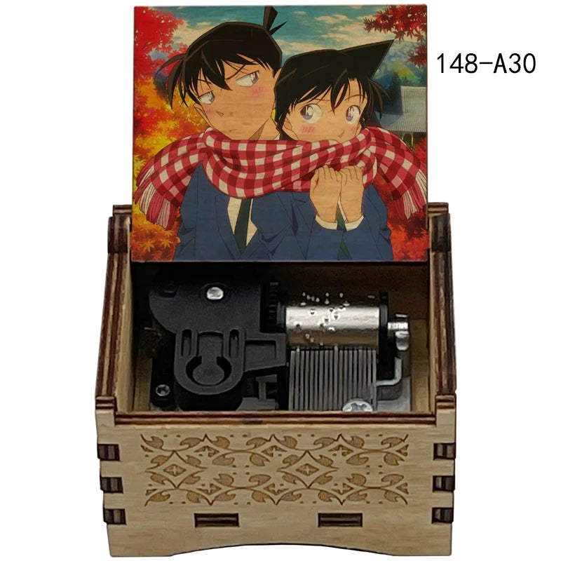A wooden music box featuring an anime illustration of two characters and mechanical components.