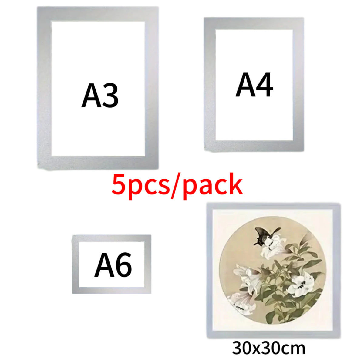 A set of magnetic picture frames in sizes A3, A4, and A6, with one frame measuring 30x30cm.