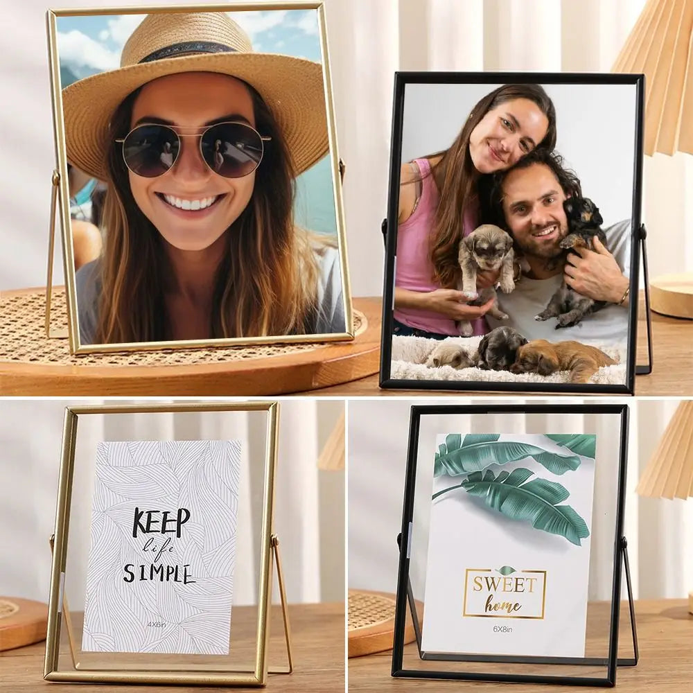 A set of modern metal and acrylic photo frames displaying various portraits and text designs.
