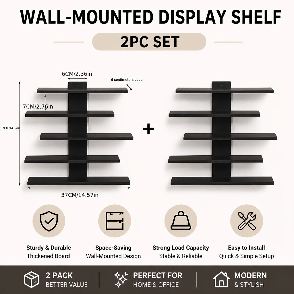 A set of four black wall-mounted display shelves for home or office use.