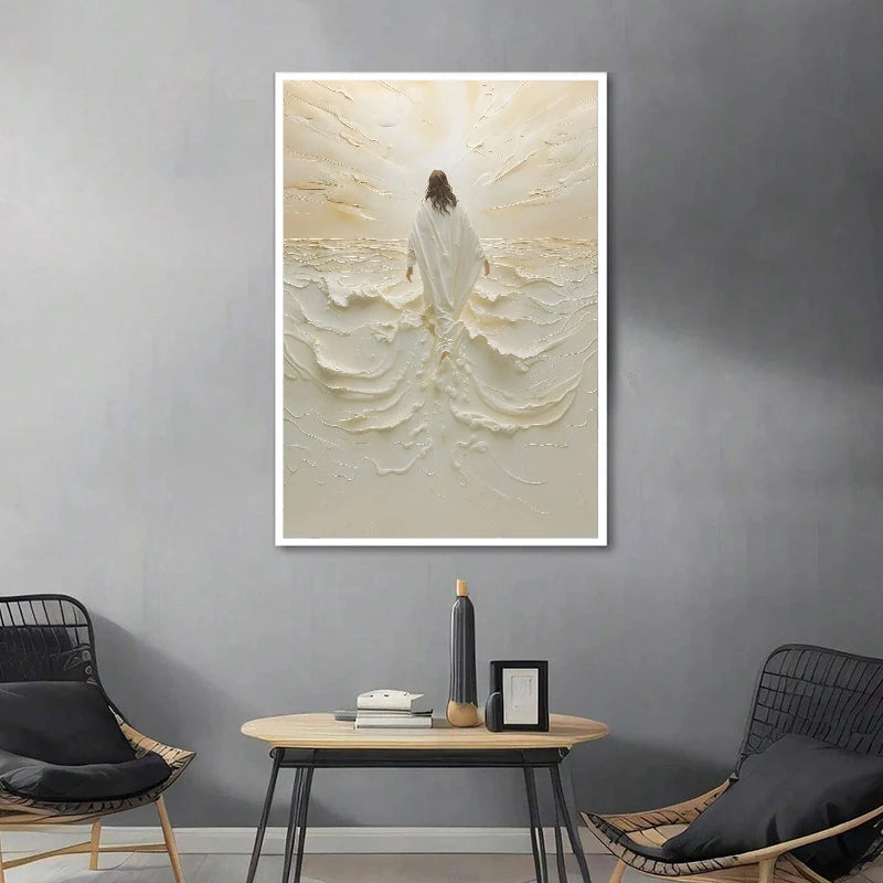 A canvas art print depicting Jesus walking on water against a bright, textured background.