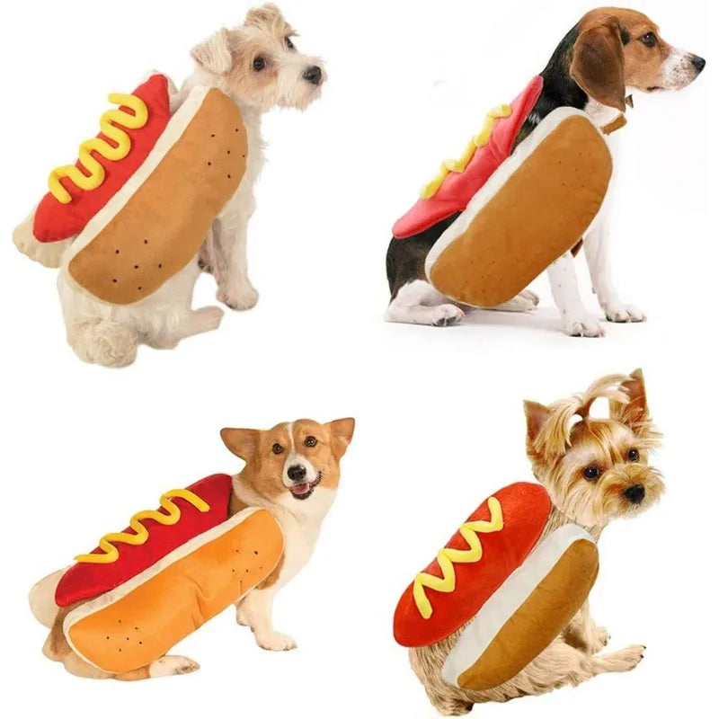A dog wearing a classic hot dog costume with a sausage shape and bun in orange and yellow tones.