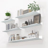 A white floating wall shelf system displaying various kitchen and storage items like jars, books, and greenery.