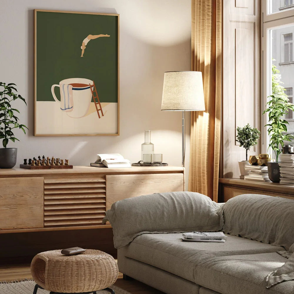 A living room scene featuring a canvas print of a coffee cup and a wooden shelf.