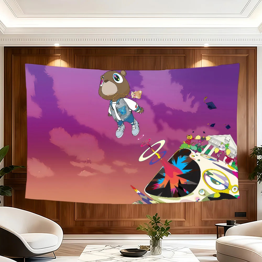 A banner featuring Kanye West imagery with purple and pink clouds for outdoor parties and home decor