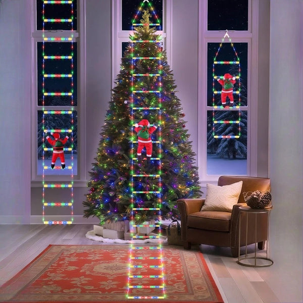 A decorated Christmas tree is illuminated by vertical multicolored lights resembling a climbing ladder.