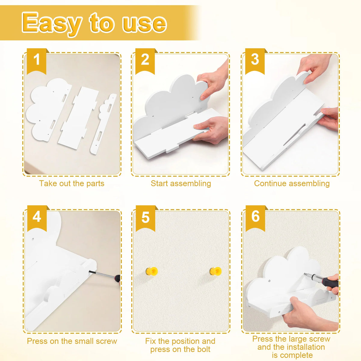 Guía de seis pasos para ensamblar un juego de estante flotante con forma de nube blanca.