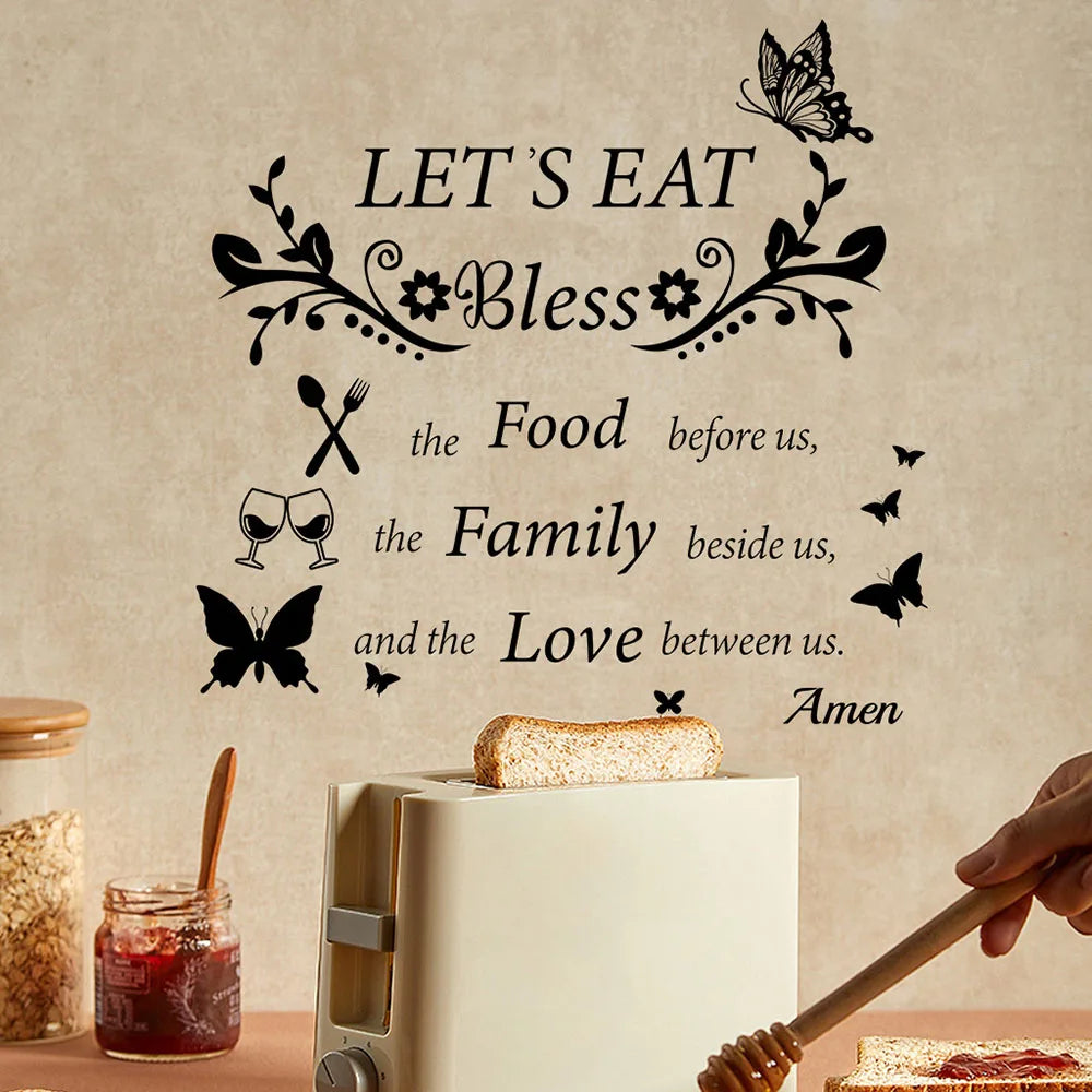 Elegant letter print wall decals featuring a blessing message and food elements on a beige background.