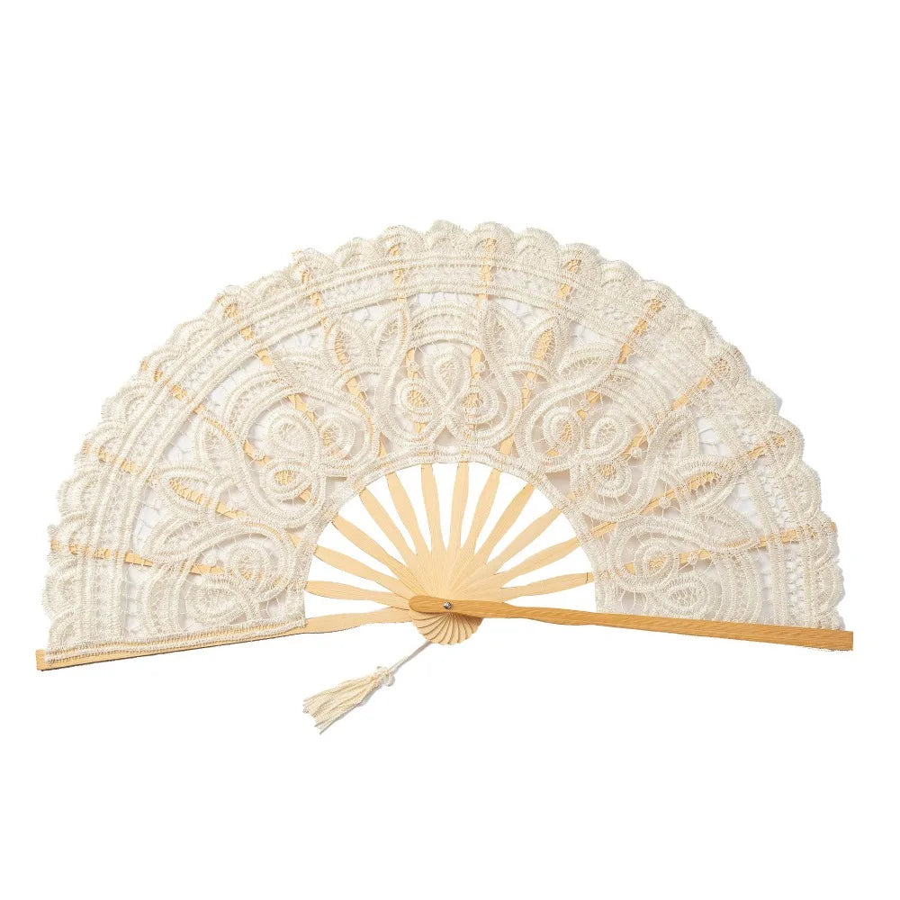 Vintage lace hand fan with a light beige woven fan and a tassel pendant