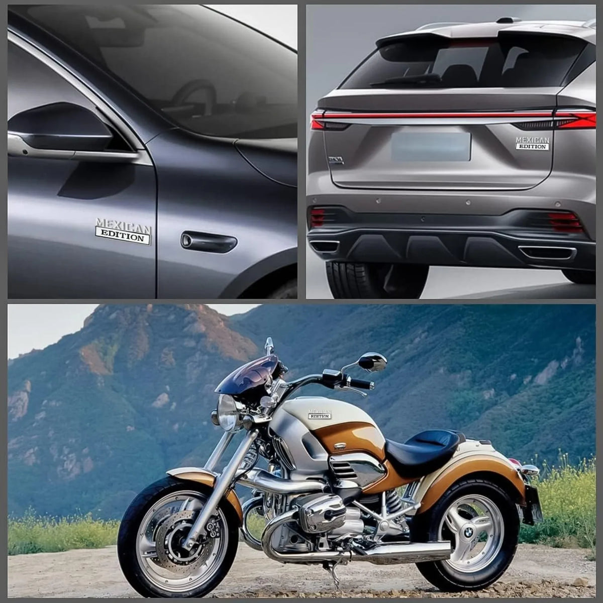 A composite image showing a silver car with an emblem, a gray SUV rear view, and a motorcycle.