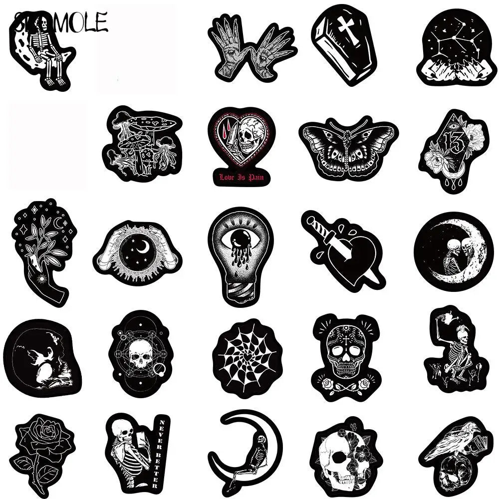 A collection of black and white cartoon skull stickers for decoration.