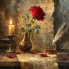 A still life painting featuring a red rose, candle, and parchment on a wooden surface.