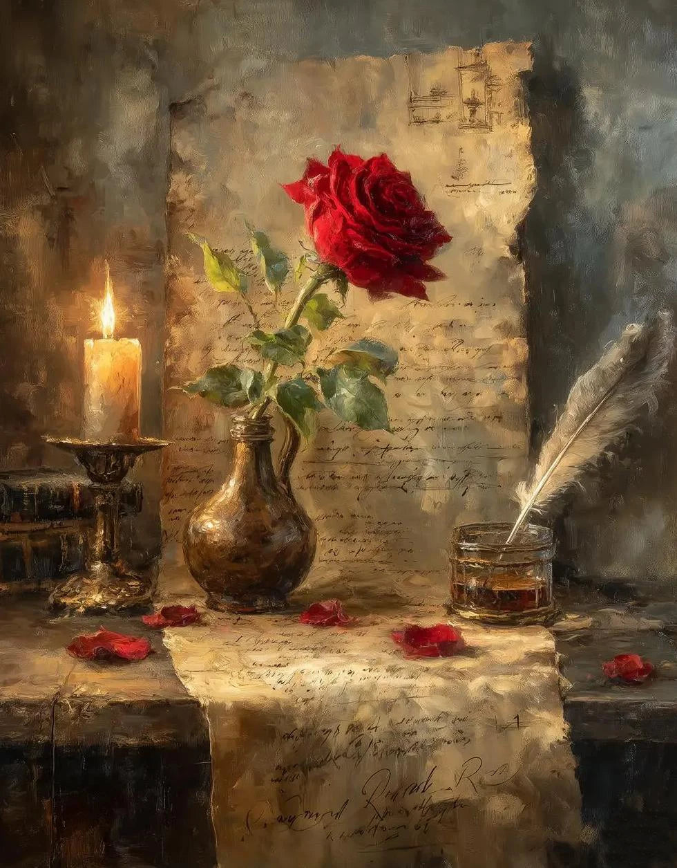 A still life painting featuring a red rose, candle, and parchment on a wooden surface.