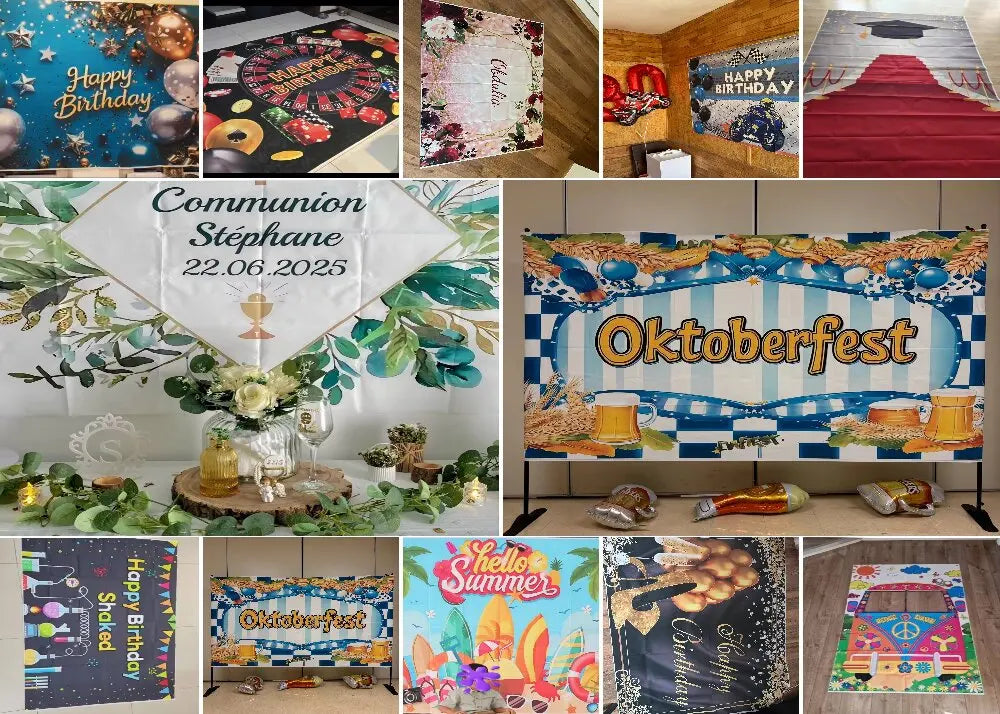 A collection of birthday backdrops featuring themes like a mermaid tail, Oktoberfest, and various colorful designs.