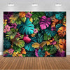 Vibrant tropical palm leaf backdrop featuring lush green and colorful leaves for party decor