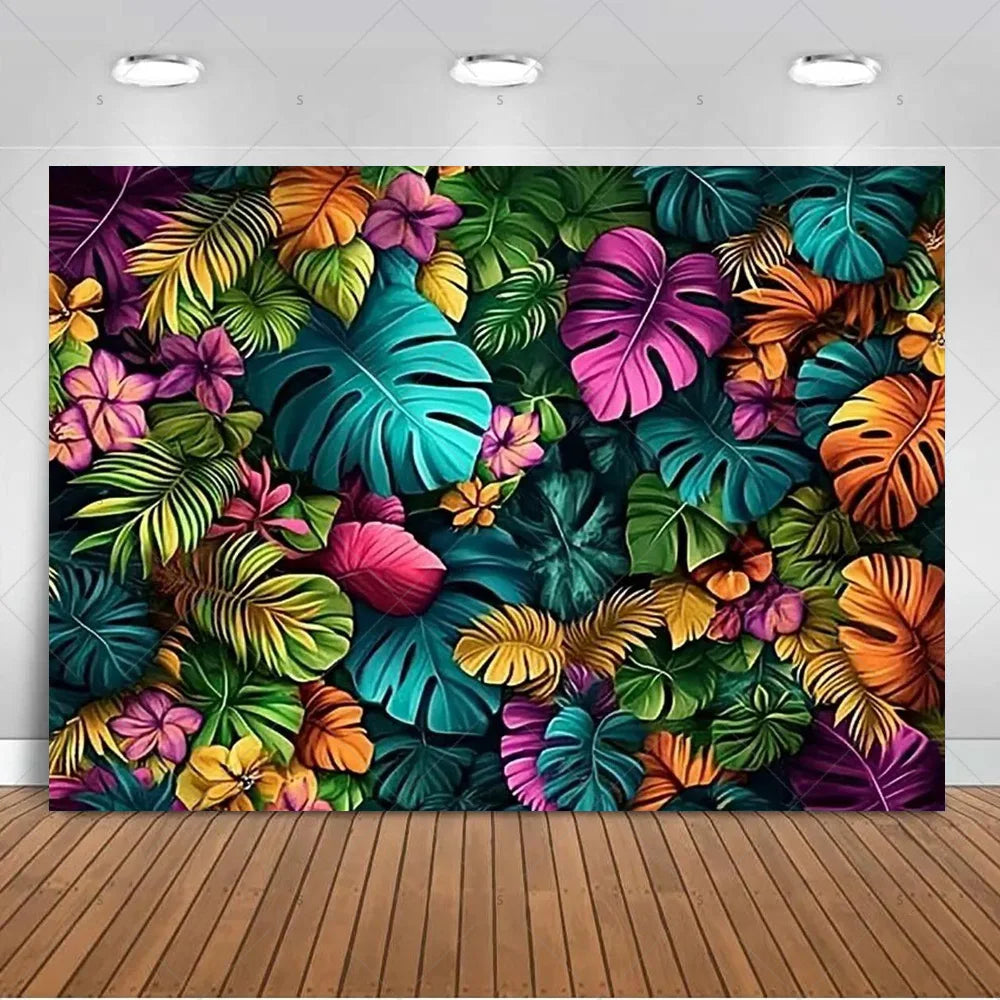Vibrant tropical palm leaf backdrop featuring lush green and colorful leaves for party decor