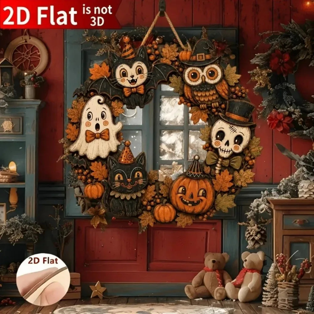 Vintage Halloween wooden wreath featuring black cats, pumpkins, and autumn foliage for door or wall decoration