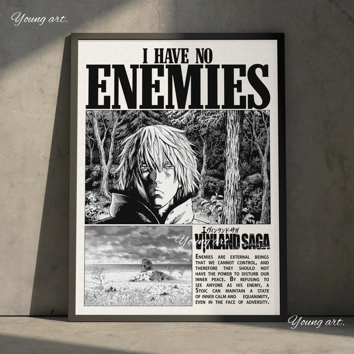 A black and white poster print featuring a dramatic close-up of a character from Vinland Saga anime.