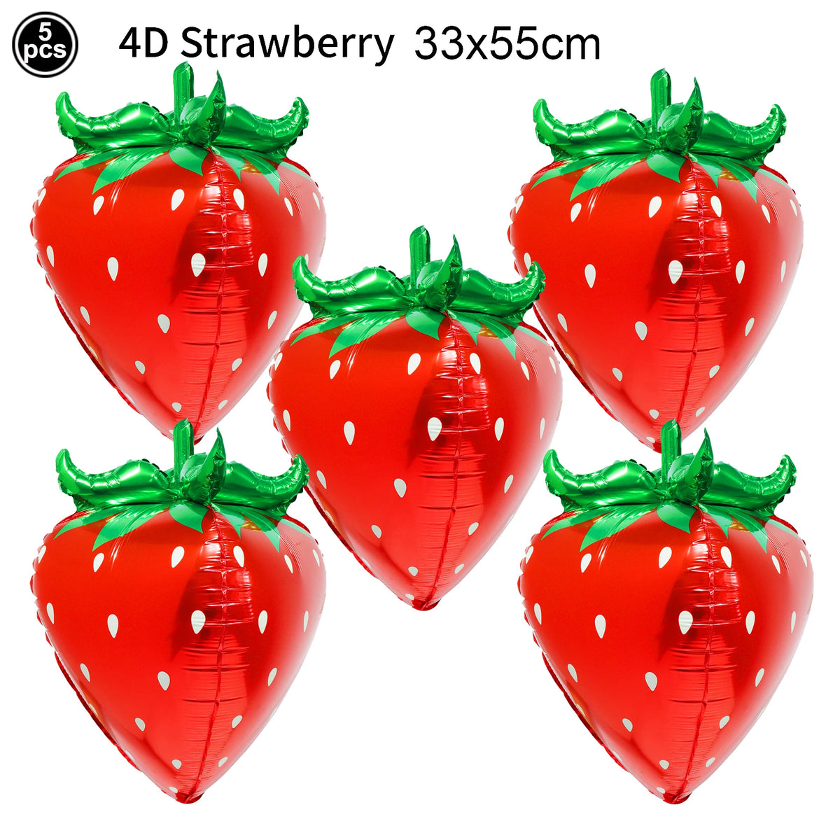 Five red strawberry shaped foil balloons, 33x55cm, for party decorations.