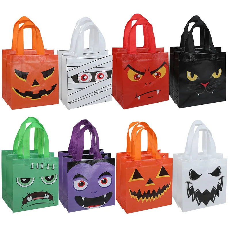 A collection of Halloween party treat bags featuring various designs including pumpkins, ghosts, and spooky faces in orange, 