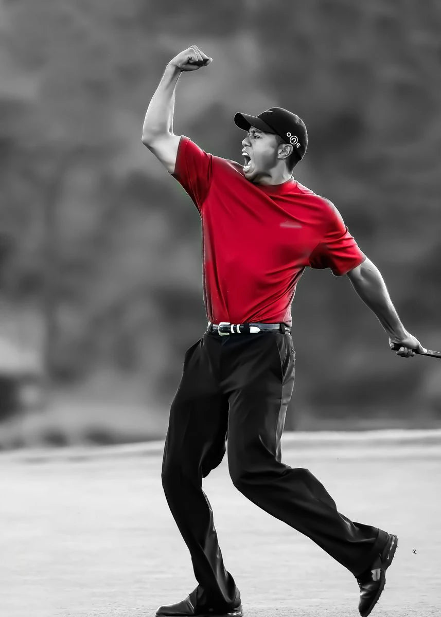 A man in a red shirt and black pants is posing with a clenched fist, looking upward against a blurred background.