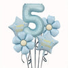 A set of light blue foil balloons shaped like the number 5 and a flower, used for celebrations.