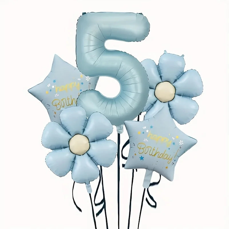 A set of light blue foil balloons shaped like the number 5 and a flower, used for celebrations.