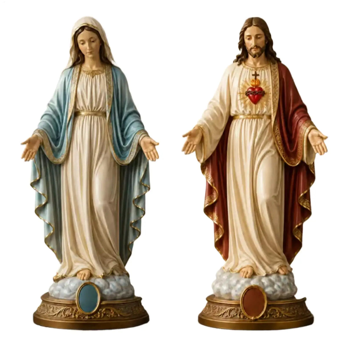 A religious figurine set depicting the Blessed Mother and Jesus Heart with draped robes.