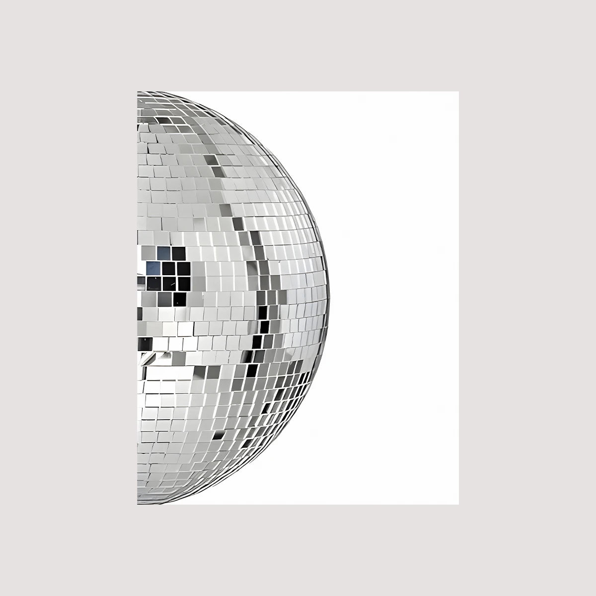 A close-up view of a silver, reflective disco ball texture.