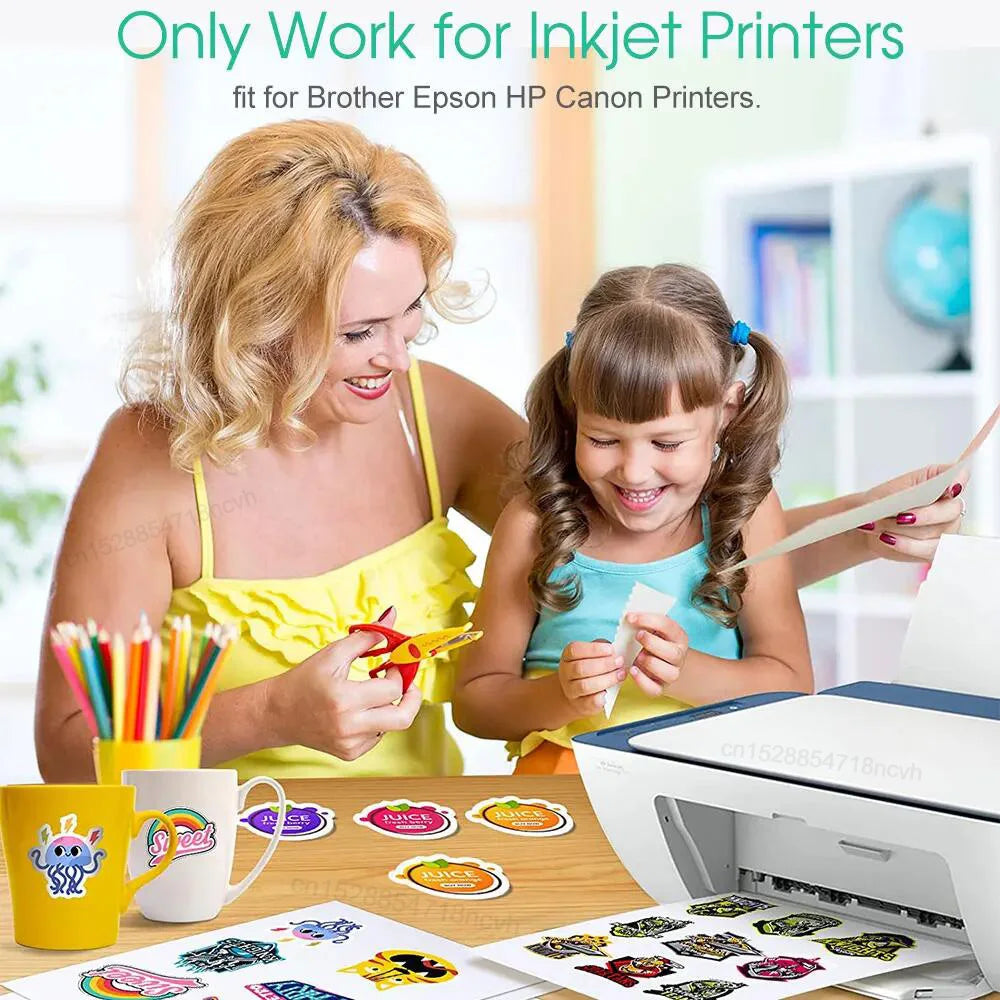A woman and a child are shown using clear printable vinyl sticker paper for inkjet printers.