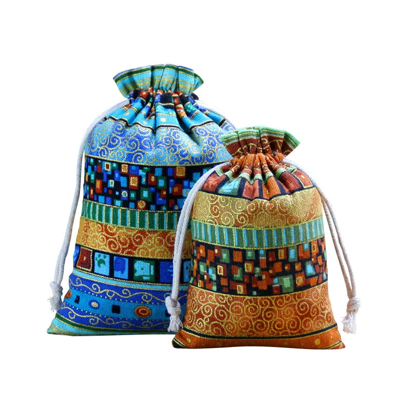 A set of ten vintage cotton drawstring gift pouches featuring colorful geometric patterns in blue, orange, and green.