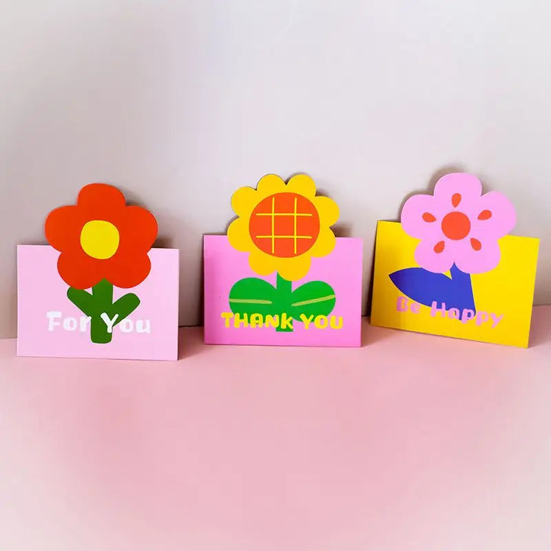Three colorful mini flower thank you cards with 'For You', 'Thank You', and 'Happy' messages.
