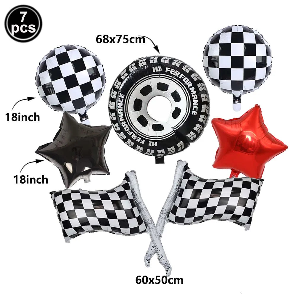 Set of 7 black and white checkered balloons, a tire balloon, a star balloon, and a checkered banner.