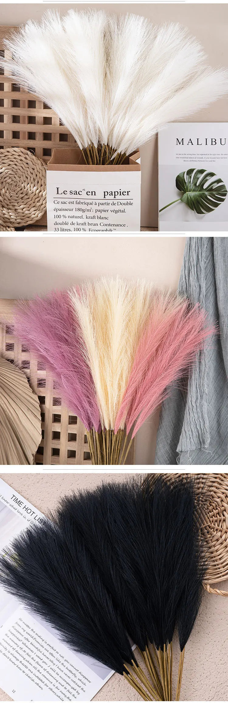 A close-up of artificial pampas grass stems in various colors including white, pink, and black.