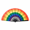 A colorful folding hand fan displaying a rainbow spectrum of colors.