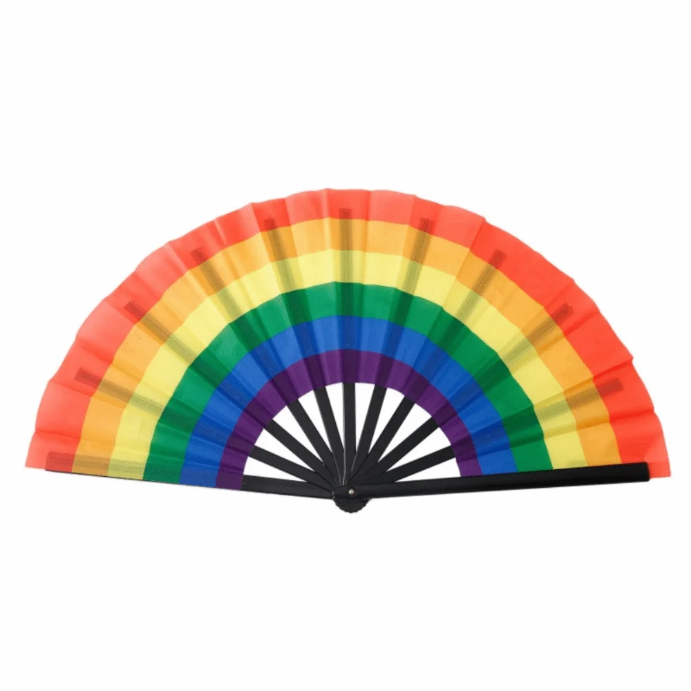 A colorful folding hand fan displaying a rainbow spectrum of colors.