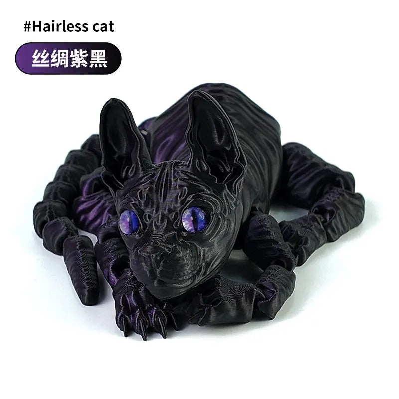 A black, articulated figurine of a cat with wrinkled skin, featuring purple accents.