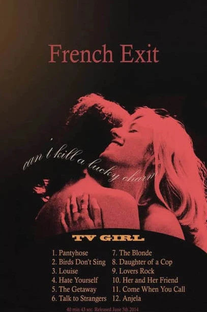 Album cover art for French Exit featuring a close-up of a woman's face in red light.