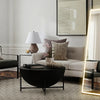 A full-length LED floor mirror with a glowing frame is displayed in a modern living room setting.