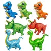 A collection of colorful 4D dinosaur aluminum film balloons featuring various dinosaur species.