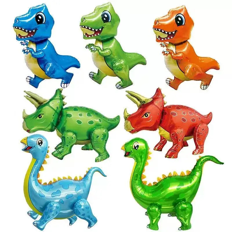 A collection of colorful 4D dinosaur aluminum film balloons featuring various dinosaur species.