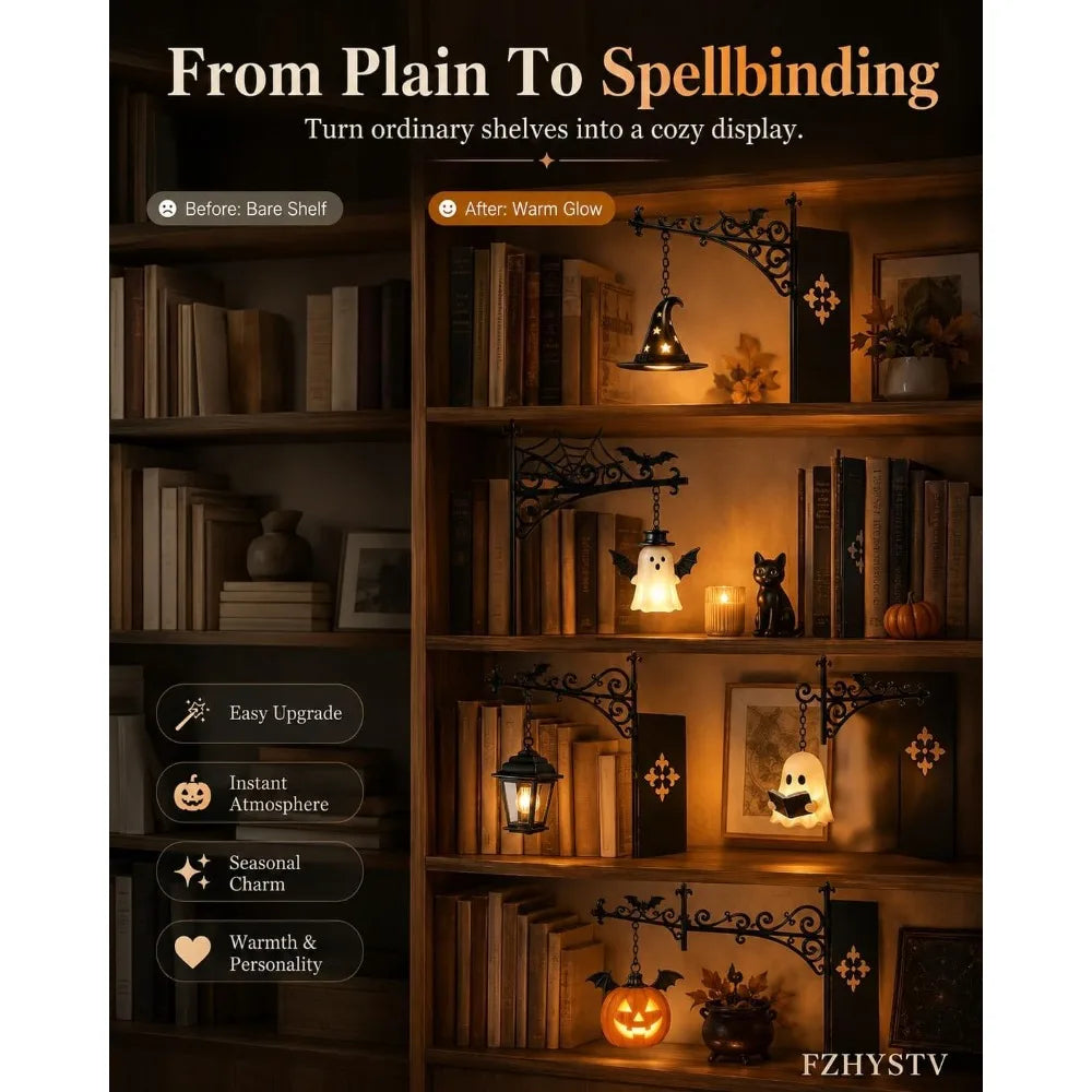 A wooden bookshelf display featuring vintage gothic books and a reading lamp with a warm amber glow.