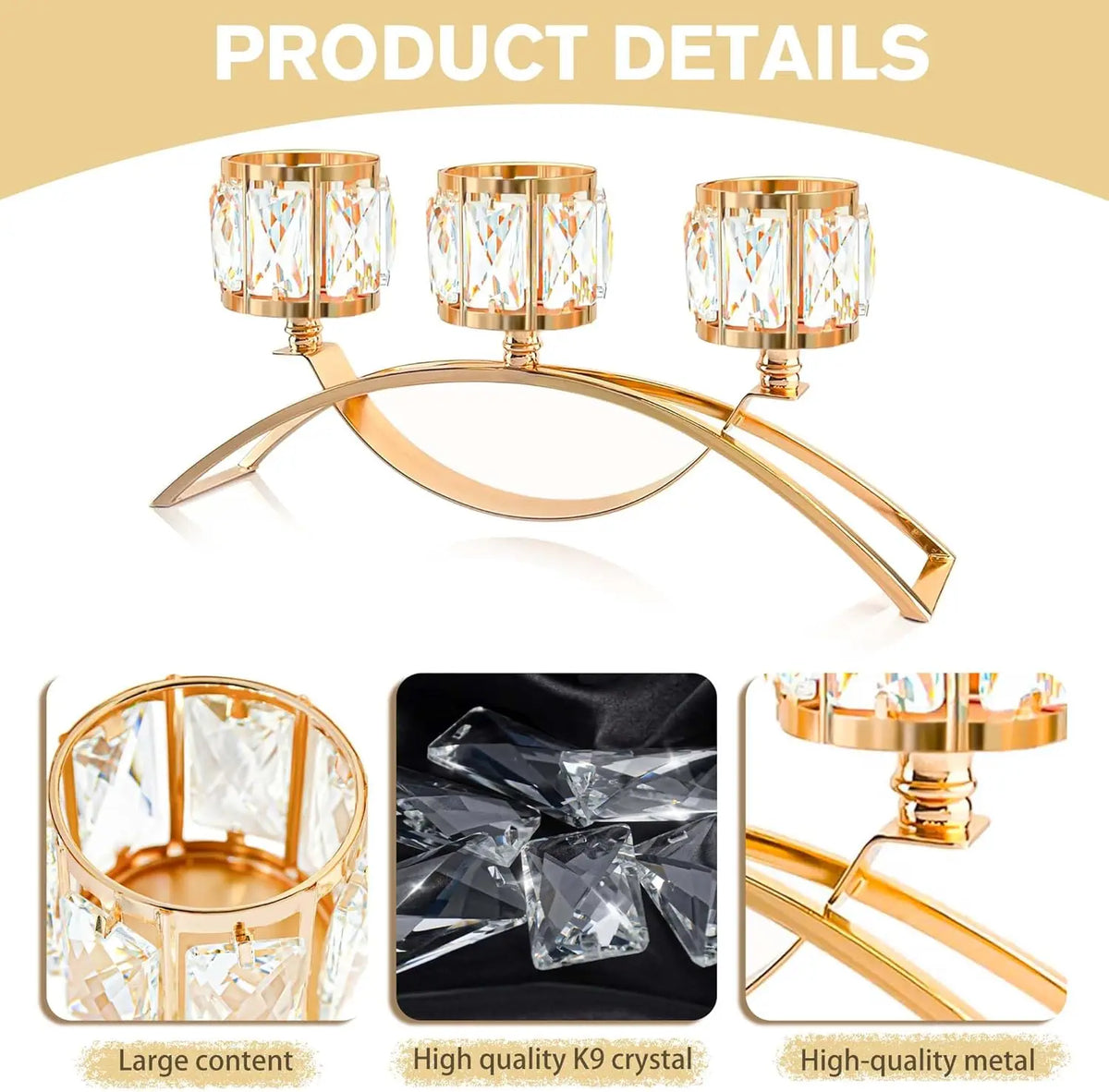 A gold crystal candelabra featuring three arms and a curved metal base.