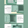An electronic piggy bank featuring a numeric keypad, language switching, automatic door opening, and battery compartment.