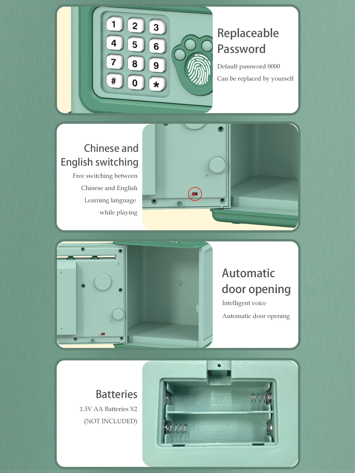 An electronic piggy bank featuring a numeric keypad, language switching, automatic door opening, and battery compartment.