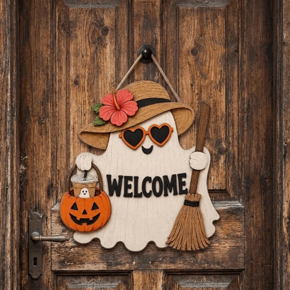 Wooden ghost door hanging featuring a witch hat design with an orange pumpkin and a broom.